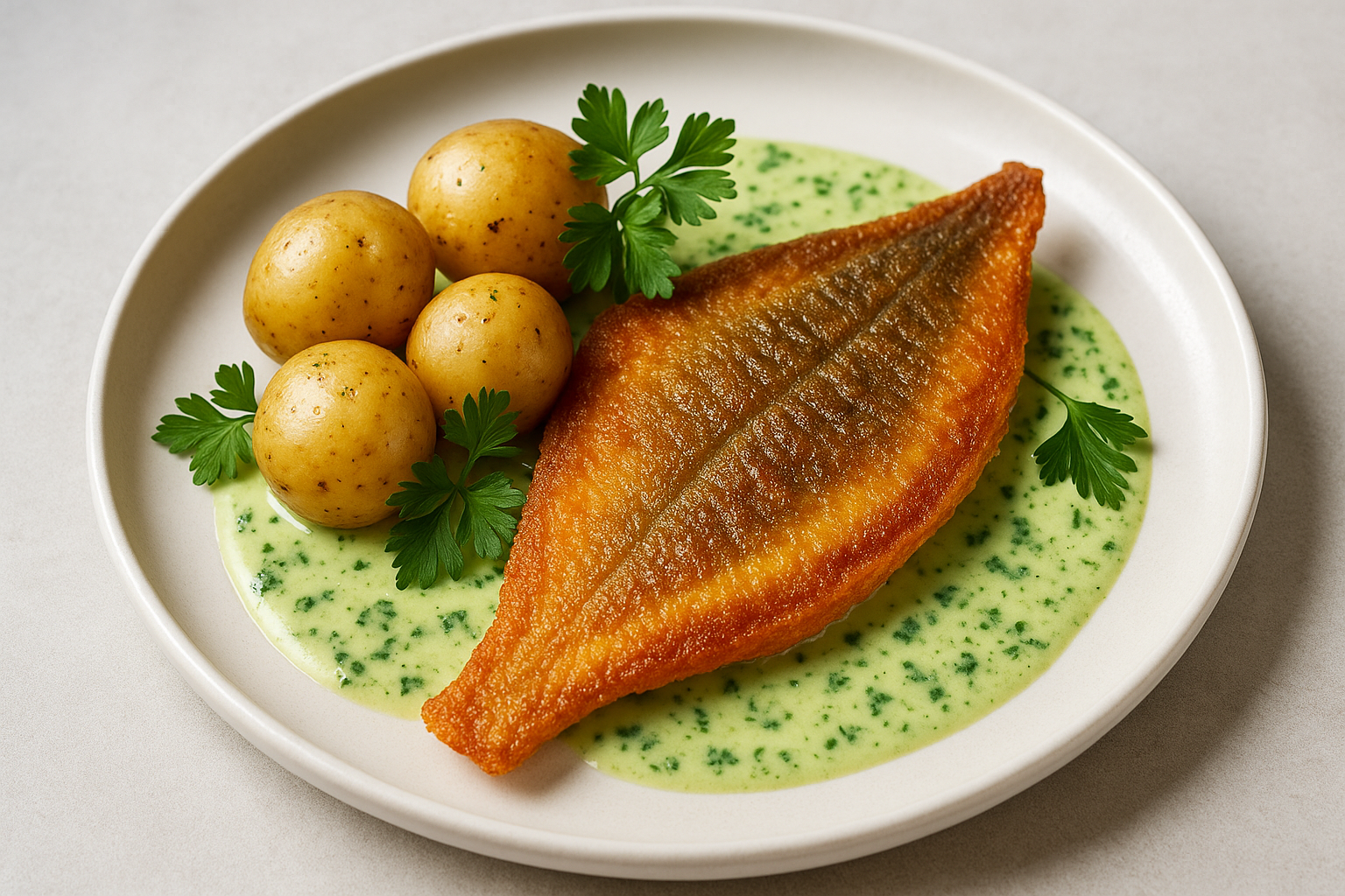 Sprødstegt rødspættefilet med persillesovs og nye kartofler