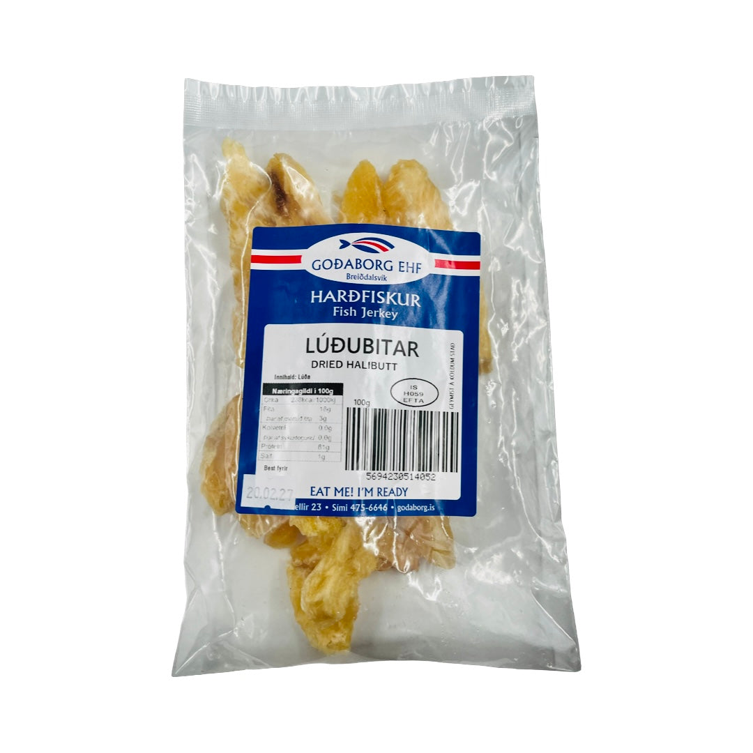 GOÐABORG Harðfiskur - Lúðubitar (tørret helleflynder) 100 gr
