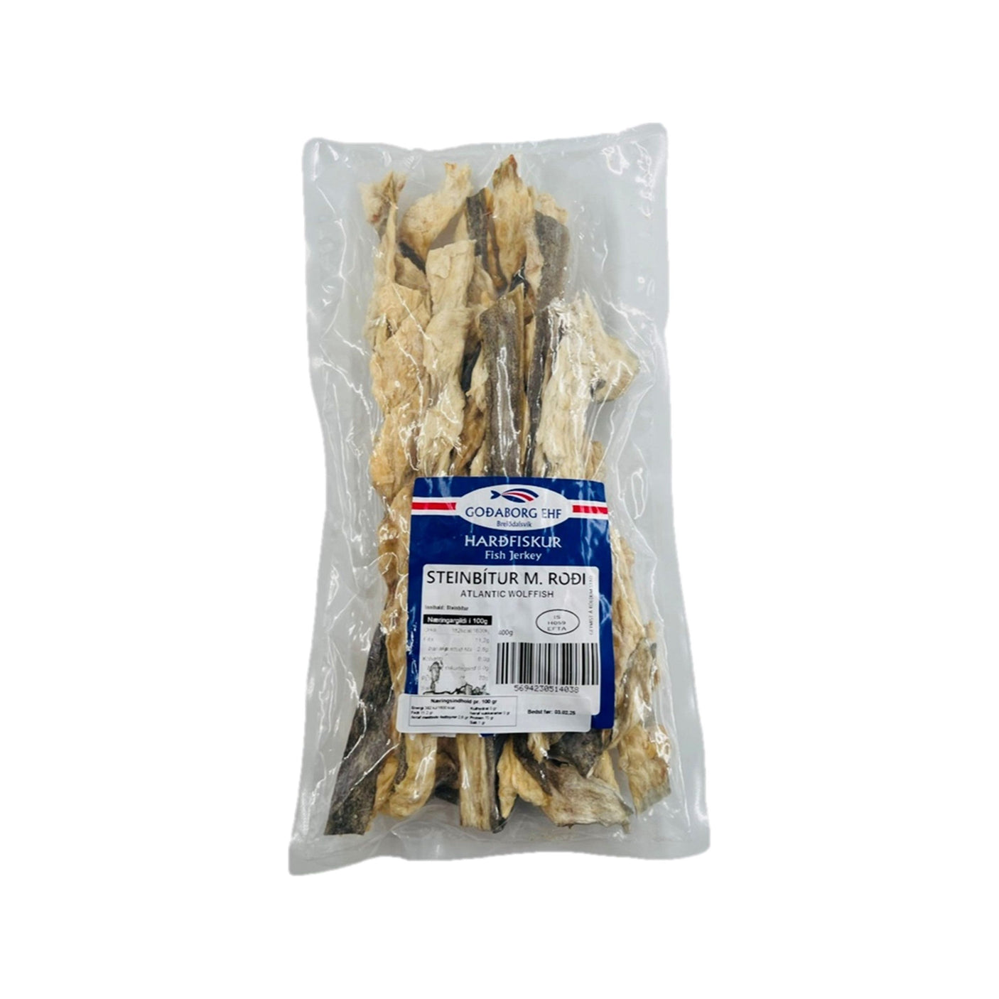 GOÐABORG Harðfiskur - steinbítur m/roði (tørret havkat m/skind) 400 gr