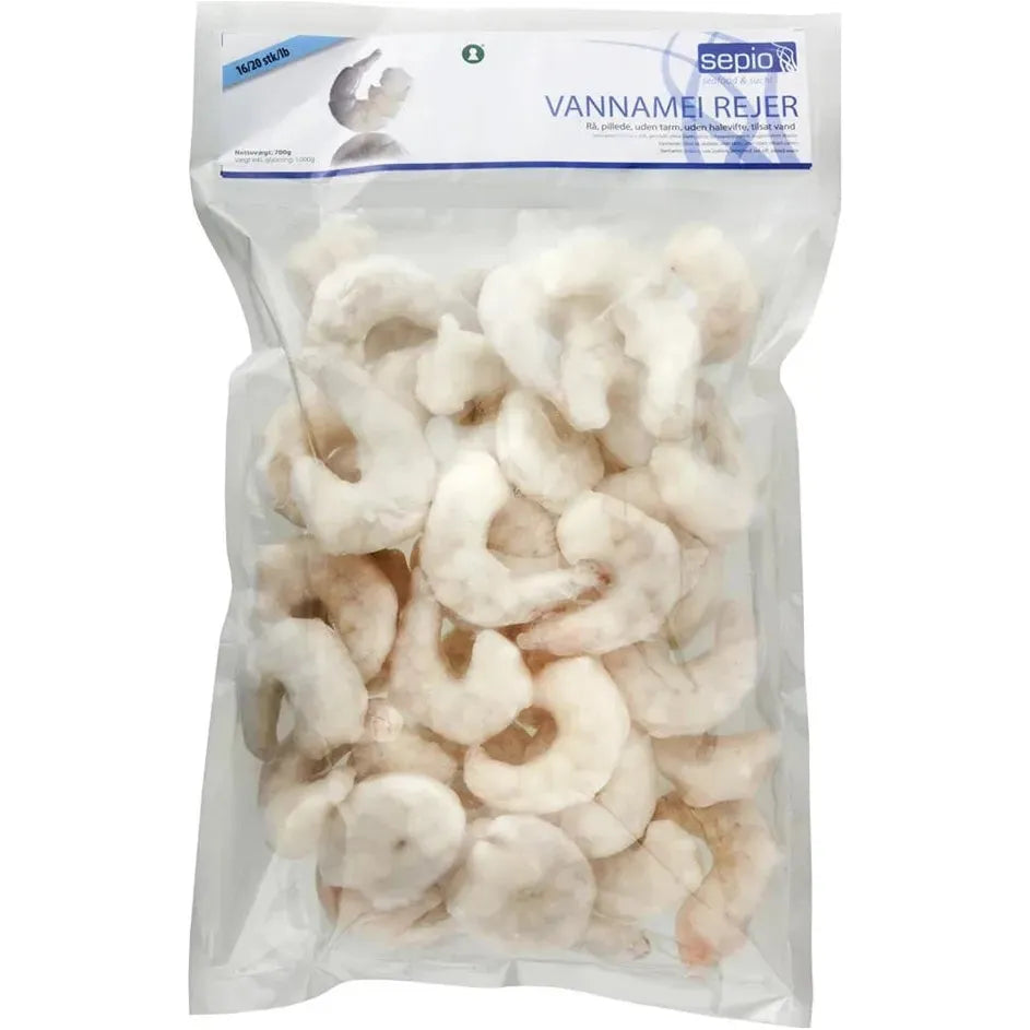 Vannameirejer, rå, pillede, uden tarm, uden halevifte 16/20 1 kg (FROSSET)