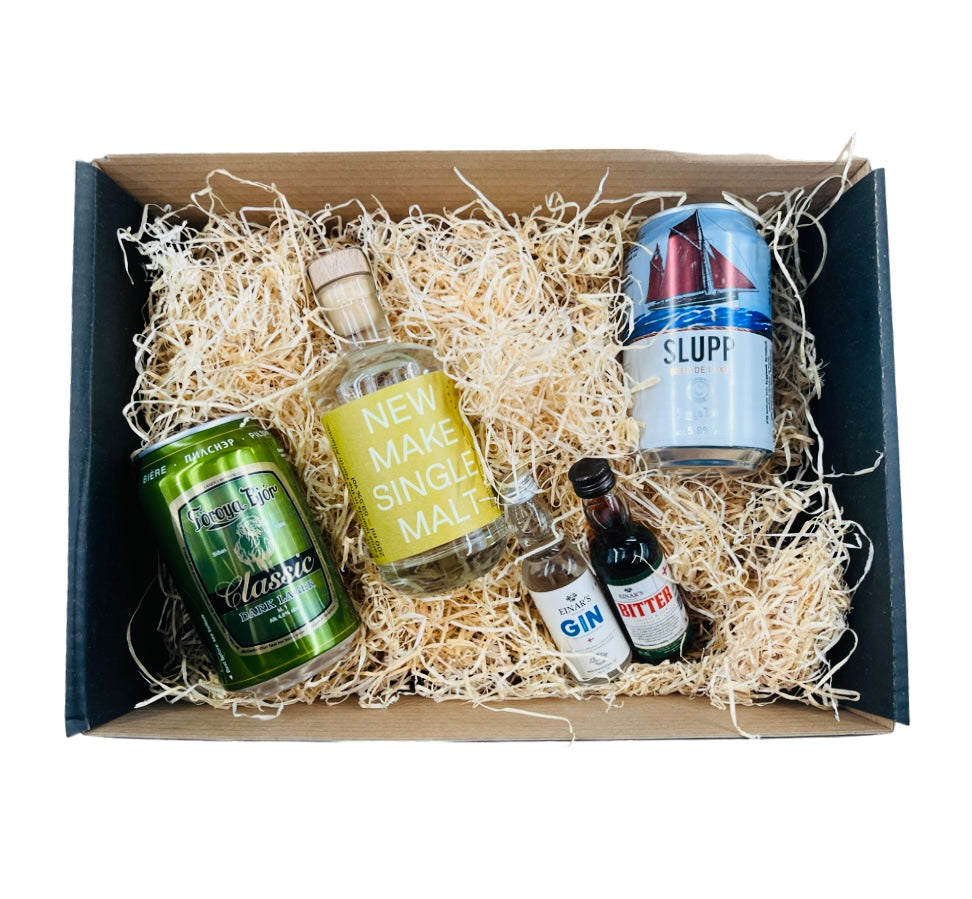 Gaveæske med FAER ISLES New Make Single Malt, Øl fra FB og Spiritus fra EINAR´S